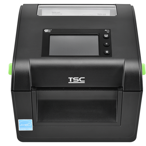 TSC DH340T 4-inch desktop direct thermal label printer, 300 dpi, touch display, black (DH340-A001-0002) – angled view