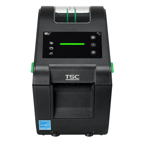 TSC DH220L 2-inch direct thermal desktop label printer, 203 dpi, LED, linerless cutter, Wi-Fi + Bluetooth, black (DH220L-A001-1132) – angled view