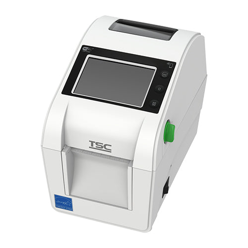 TSC DH220LHC healthcare desktop label printer, white, touch LCD, peeler, Wi-Fi + Bluetooth (DH220LHC-A001-0112) – angled view