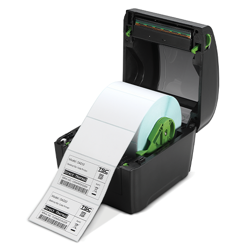 TSC DA210 4-inch direct thermal desktop label printer, 203 dpi, USB, black, UK plug (99-158A001-0003) – angled view