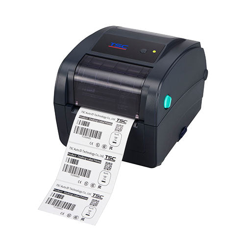 TSC TC200 4-inch thermal transfer desktop label printer, 203 dpi, LED, USB + RS-232 + parallel + Ethernet, navy (99-059A003-6002) – angled view