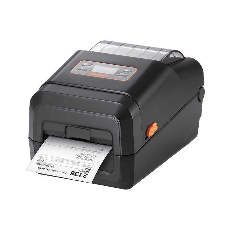 BIXOLON XL5-40CT linerless desktop label printer with LCD and auto cutter, 203 dpi, USB, RS-232, Ethernet, dark grey (XL5-40CTOEG/BEG) – printing a label