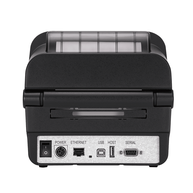 BIXOLON XL5-40CT linerless desktop label printer with LCD and auto cutter, 203 dpi, USB, RS-232, Ethernet, dark grey (XL5-40CTOEG/BEG) – rear interfaces