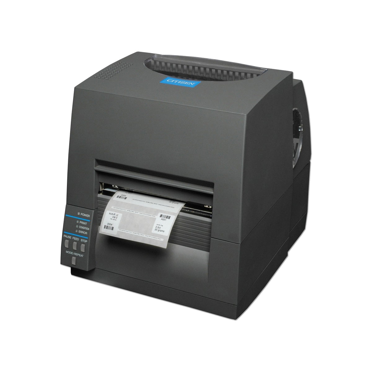 Citizen CL-S631II 4-inch thermal transfer desktop label printer, 300 dpi, CL-S621II front badge, USB and RS-232, black (CLS631IINEBXX) – printing a label