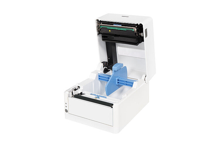 Citizen CL-H300SV 4-inch direct thermal desktop label printer with antibacterial housing, 203 dpi, USB, white (CLH300SVXEWNXXA) – open media compartment
