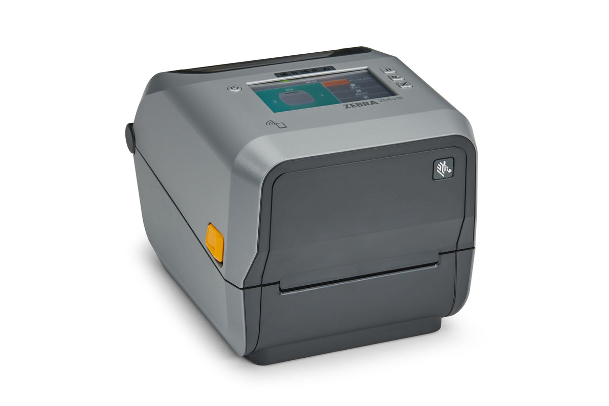 Zebra ZD621R 4-inch thermal transfer UHF RFID desktop label printer, grey, colour touch display, 300 dpi, tear-off, USB + Ethernet + RS-232 (ZD6A143-30EFR2EZ) – angled view