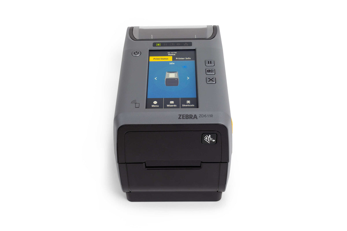 Zebra ZD611R 2-inch thermal transfer desktop RFID label printer, dark grey, 203 dpi, tear-off, Wi-Fi 6 + Bluetooth (ZD6A122-T0EQR2EZ) – colour display front view