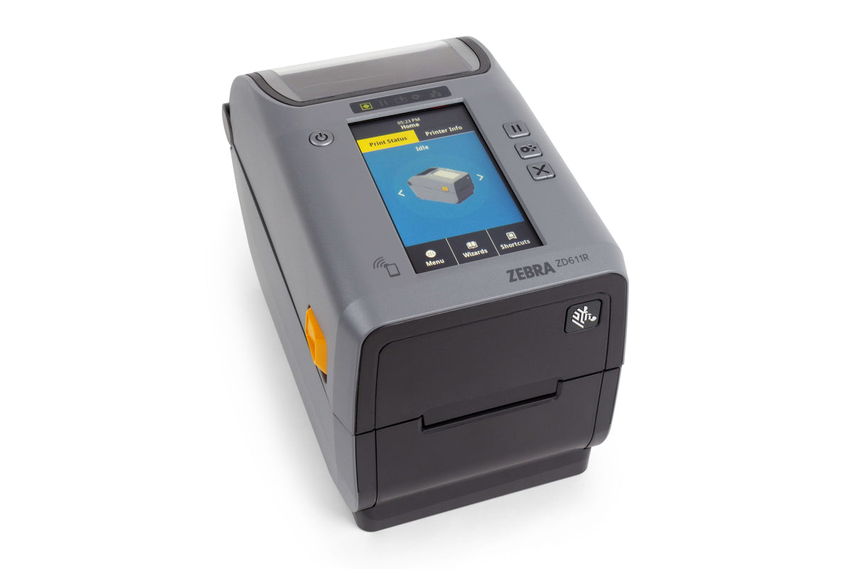 Zebra ZD611R 2-inch thermal transfer desktop RFID label printer, dark grey, 203 dpi, tear-off, USB + Ethernet (ZD6A122-T0EER2EZ) – right view