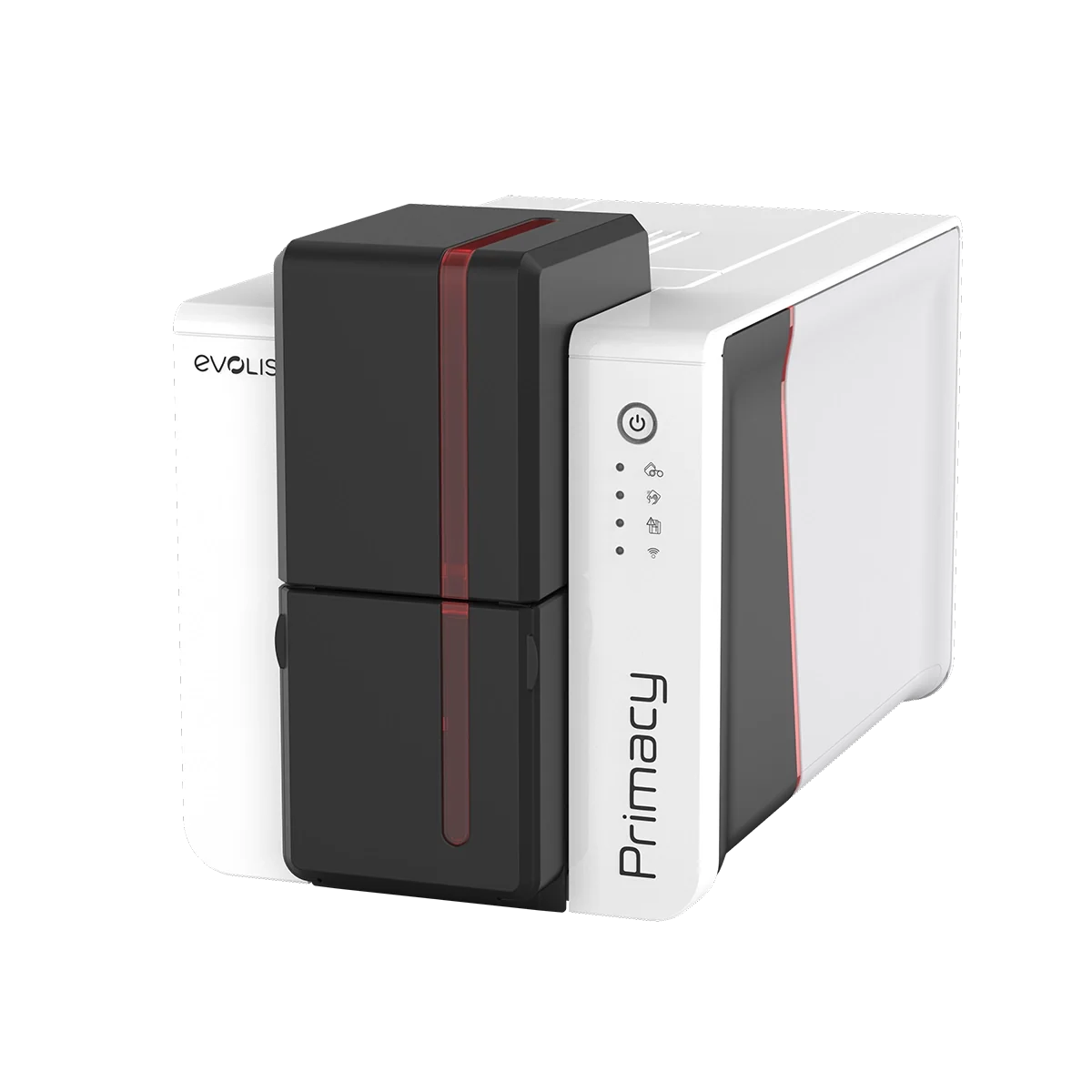 Evolis Primacy 2 plastic card printer, single-sided, LED panel, USB + Wi-Fi, 300 dpi, dye sublimation / thermal transfer (PM2-0003-E) – angled front view with LED panel