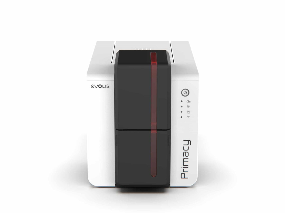 Evolis Primacy 2 plastic card printer, single-sided, LED panel, USB + Ethernet, contactless (SpringCard HSP), 300 dpi, dye sublimation / thermal transfer (PM2-0008) – front view