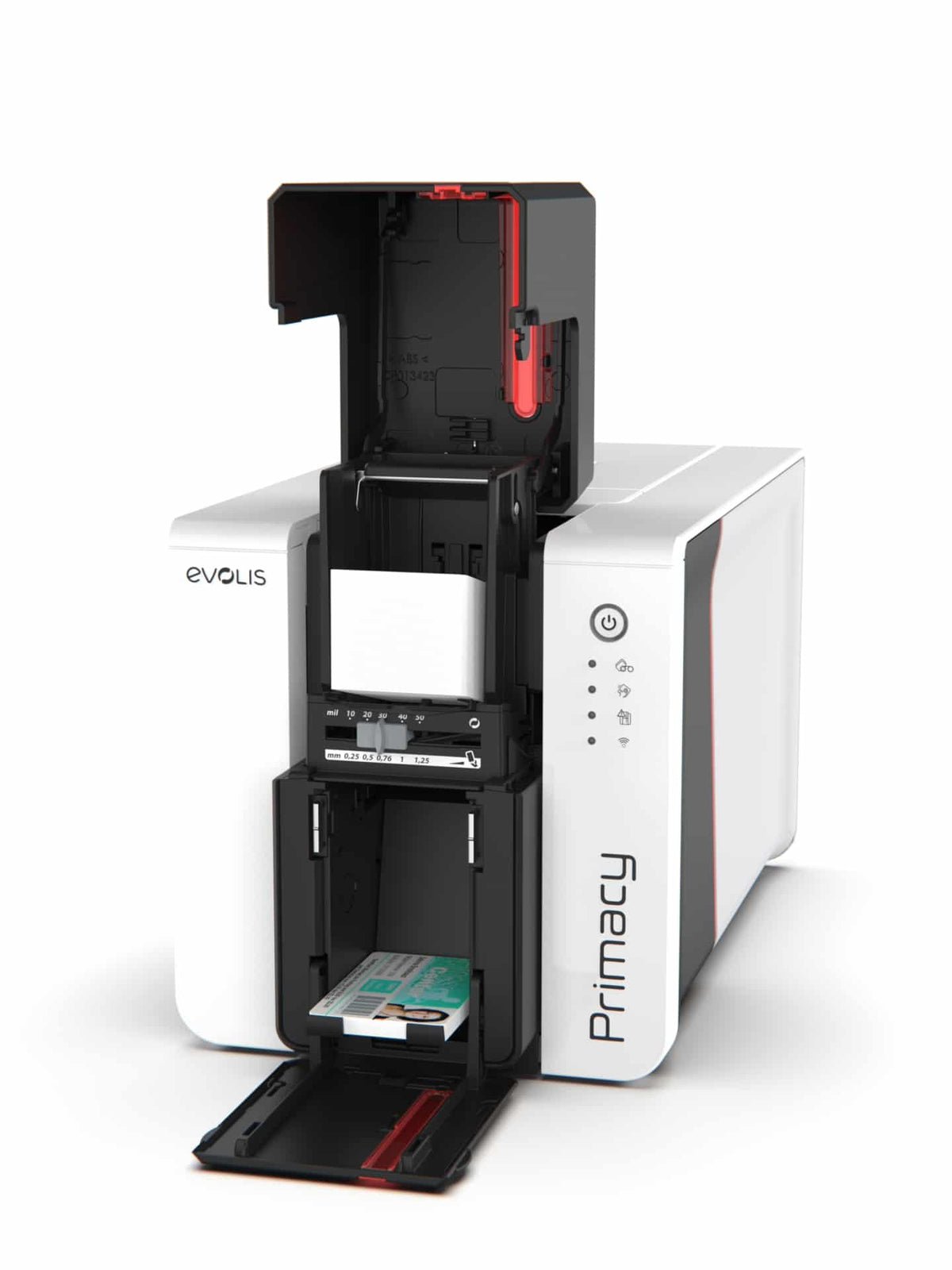 Evolis Primacy 2 plastic card printer, single-sided, LED panel, USB + Ethernet, contact + contactless (OMNIKEY 5122), 300 dpi, dye sublimation / thermal transfer (PM2-0007) – card feeder and output hopper open
