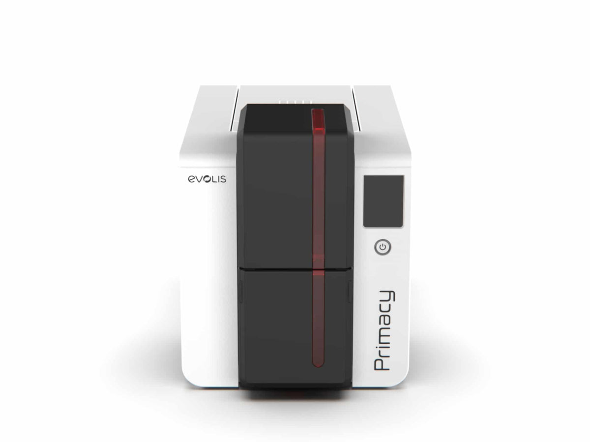 Evolis Primacy 2 plastic card printer, dual-sided, colour LCD touchscreen, USB + Ethernet, contactless (SpringCard HSP), 300 dpi, dye sublimation / thermal transfer (PM2-0019) – front view with LCD touchscreen