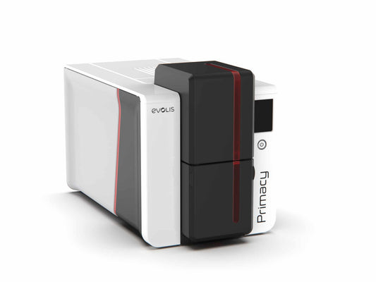 Evolis Primacy 2 plastic card printer, dual-sided, colour LCD touchscreen, USB + Ethernet, contactless (SpringCard HSP), 300 dpi, dye sublimation / thermal transfer (PM2-0019) – angled view
