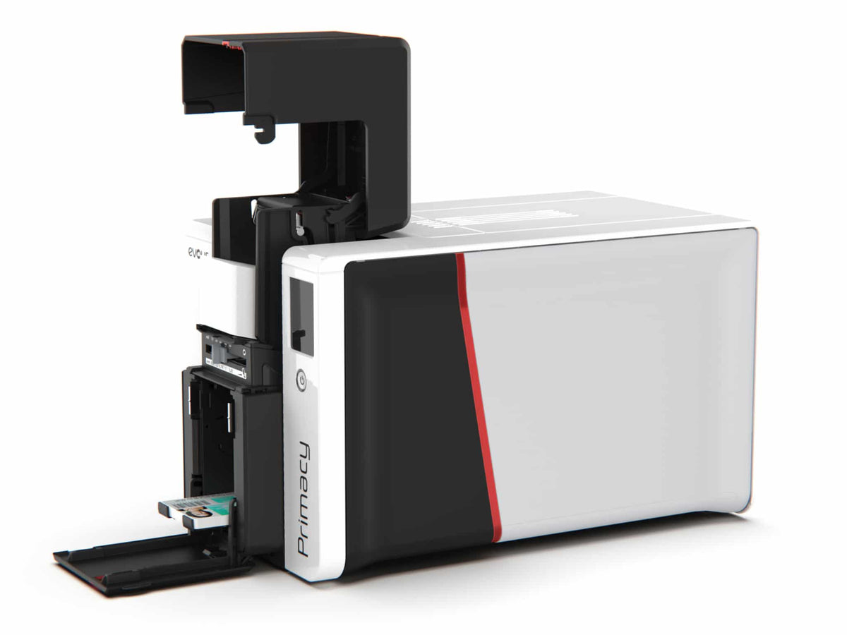 Evolis Primacy 2 plastic card printer, single-sided, colour LCD touchscreen, USB + Ethernet, 300 dpi, dye sublimation / thermal transfer (PM2-0002-E) – feeder and cover open