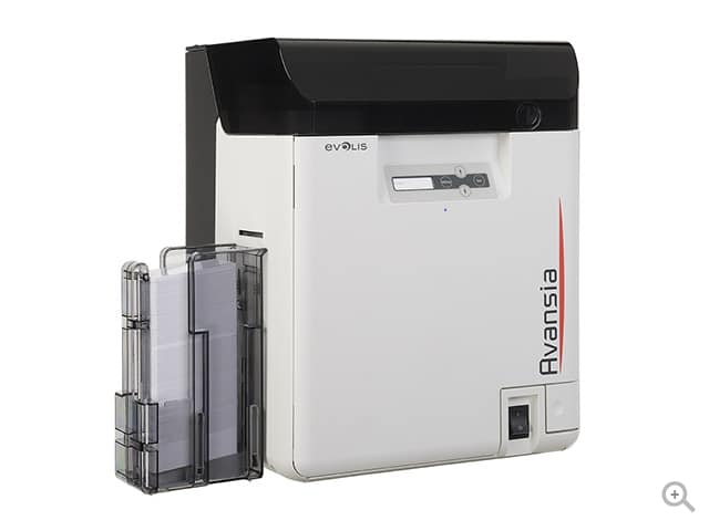 Evolis Avansia retransfer plastic card printer, dual-sided, LCD display, USB + Ethernet, 600 dpi, retransfer dye sublimation (AV1H0000BD) – angled view