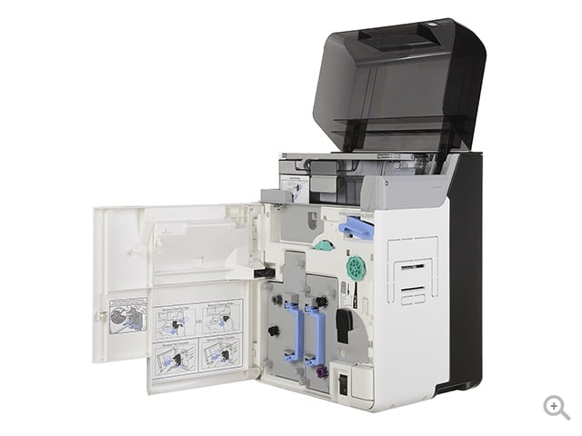 Evolis Avansia retransfer plastic card printer, dual-sided, LCD display, USB + Ethernet, 600 dpi, retransfer dye sublimation (AV1H0000BD) – open with ribbon access