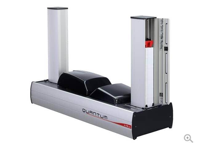 Evolis Quantum high-volume plastic card printer, dual-sided, 500-card feeder, magnetic stripe + smart contact encoder, USB + Ethernet, 300 dpi, dye sublimation / thermal transfer (QTM306GRH-BS) – side view with door open