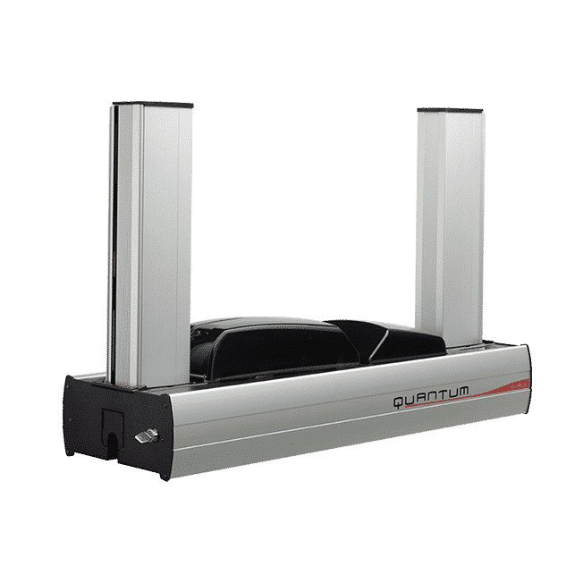 Evolis Quantum high-volume plastic card printer, dual-sided, 500-card feeder, magnetic stripe + smart contact encoder, USB + Ethernet, 300 dpi, dye sublimation / thermal transfer (QTM306GRH-BS) – angled view