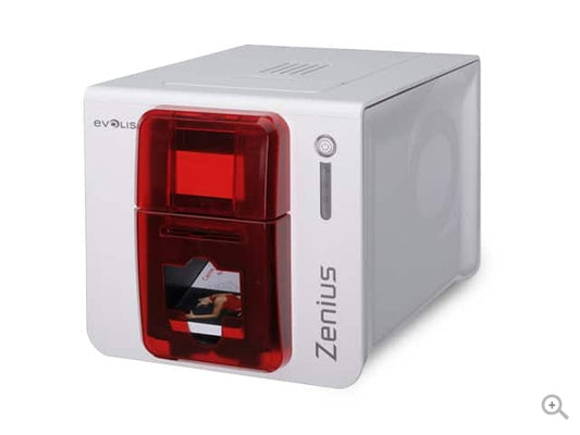 Evolis Zenius Expert plastic card printer, fire red, single-sided, USB + Ethernet, contactless encoder, 300 dpi, dye sublimation / thermal transfer (ZN1H00HSRS) – angled view