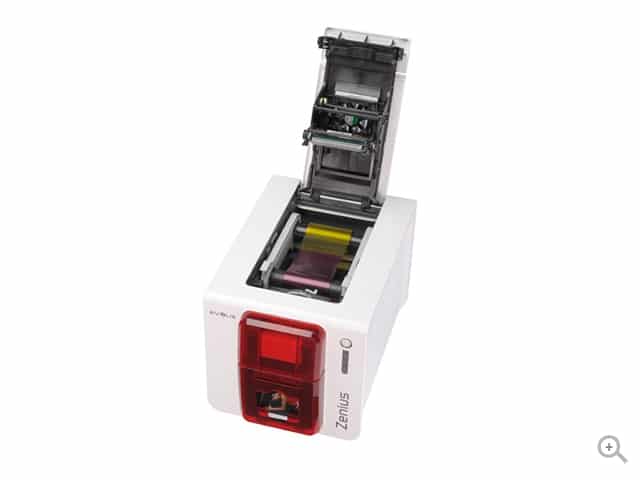 Evolis Zenius Classic plastic card printer, fire red, single-sided, USB, 300 dpi, dye sublimation / thermal transfer (ZN1U0000RS) – open cover