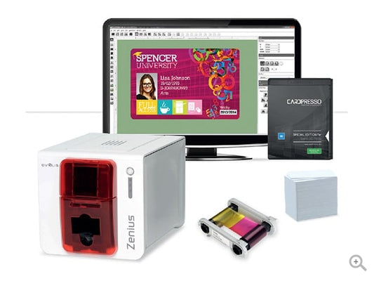 Evolis Zenius Classic GO PACK plastic card printer, fire red, single-sided, USB, 300 dpi, dye sublimation / thermal transfer (ZN1U-GP1) – GO PACK with ribbon, cards and software