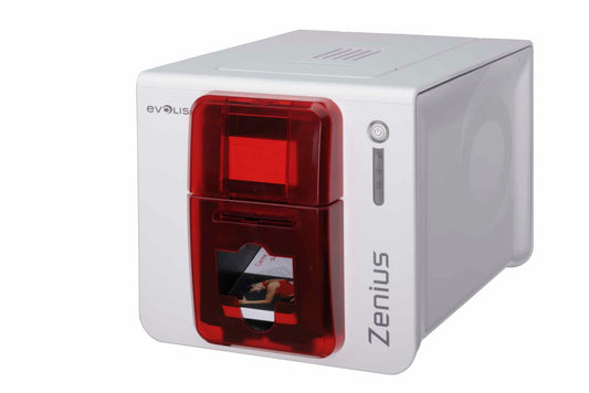Evolis Zenius Expert plastic card printer, fire red, single-sided, USB + Ethernet, magnetic stripe encoder, 300 dpi, dye sublimation / thermal transfer (ZN1HB000RS) – front view