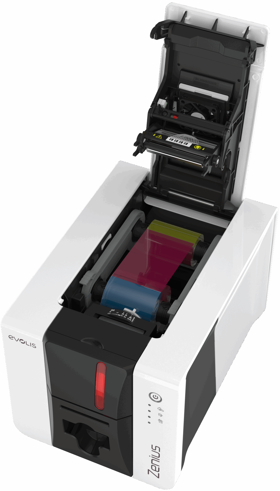 Evolis Zenius 2 Classic GO PACK plastic card printer, single-sided, USB, 300 dpi, dye sublimation / thermal transfer (ZN2-GP-E) – open ribbon cover
