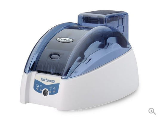 Evolis Tattoo RW rewritable plastic card printer, single-sided, USB + Ethernet, magnetic stripe encoder, 300 dpi, thermal rewrite (TTR201BBH-M) – angled view