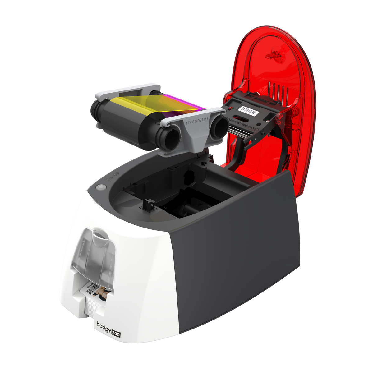 Evolis Badgy200 plastic card printer kit, single-sided colour, USB, with YMCKO ribbon + 100 PVC cards, 300 dpi, dye sublimation / thermal transfer (B22U0000RS) – open cover with ribbon