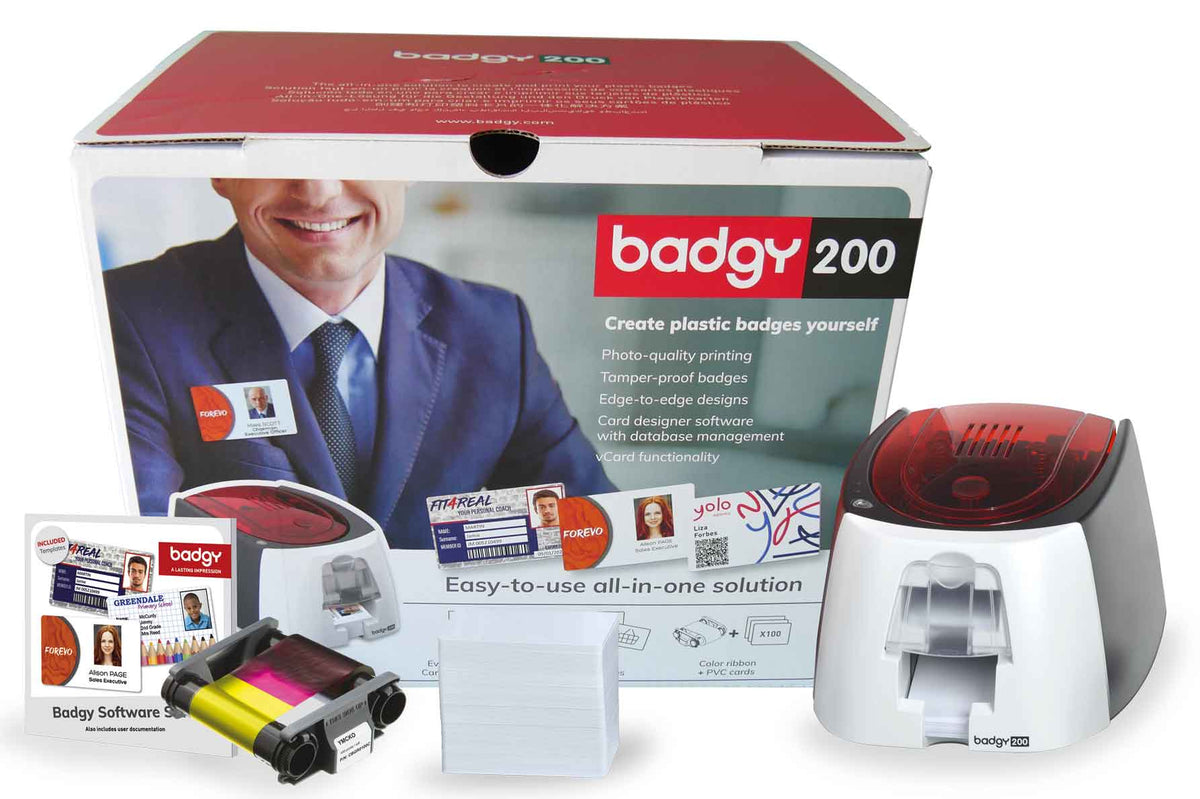 Evolis Badgy200 plastic card printer kit, single-sided colour, USB, with YMCKO ribbon + 100 PVC cards, 300 dpi, dye sublimation / thermal transfer (B22U0000RS) – kit with box, ribbon and cards