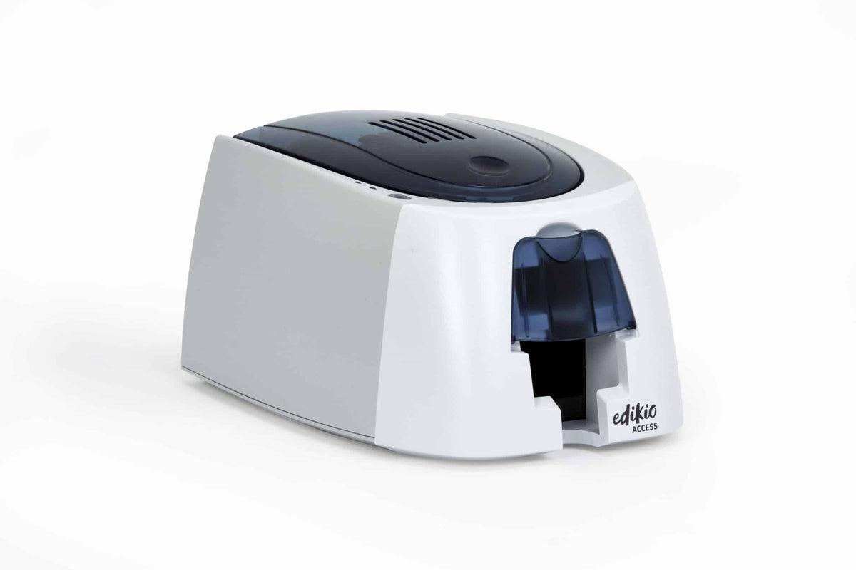 Evolis Edikio Access Price Tag plastic price tag printer, single-sided monochrome, USB, with price tag software, black cards + white ribbon, 300 dpi, thermal transfer (EA2U0000BS-BS001) – left side view