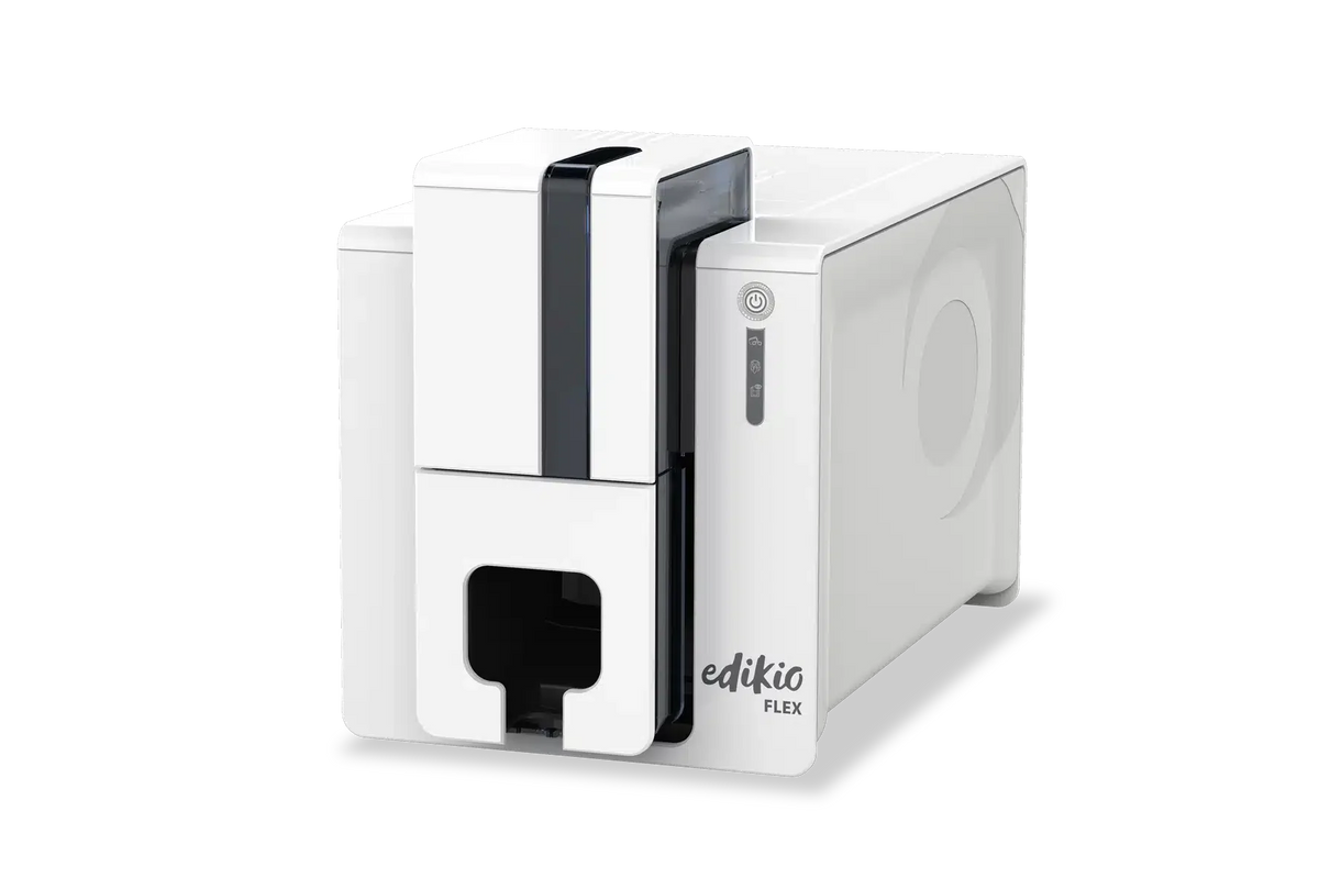 Evolis Edikio Flex Guest plastic card printer, single-sided colour + monochrome, long label format, USB + Ethernet, with Guest software, black cards + white ribbon, 300 dpi, dye sublimation / thermal transfer (EF1H0000XS-BS012) – right side view