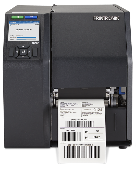 Printronix Auto ID T8304 industrial label printer, 4-inch, tear-off, 300 dpi, thermal transfer (T83X4-2100-0) – front view