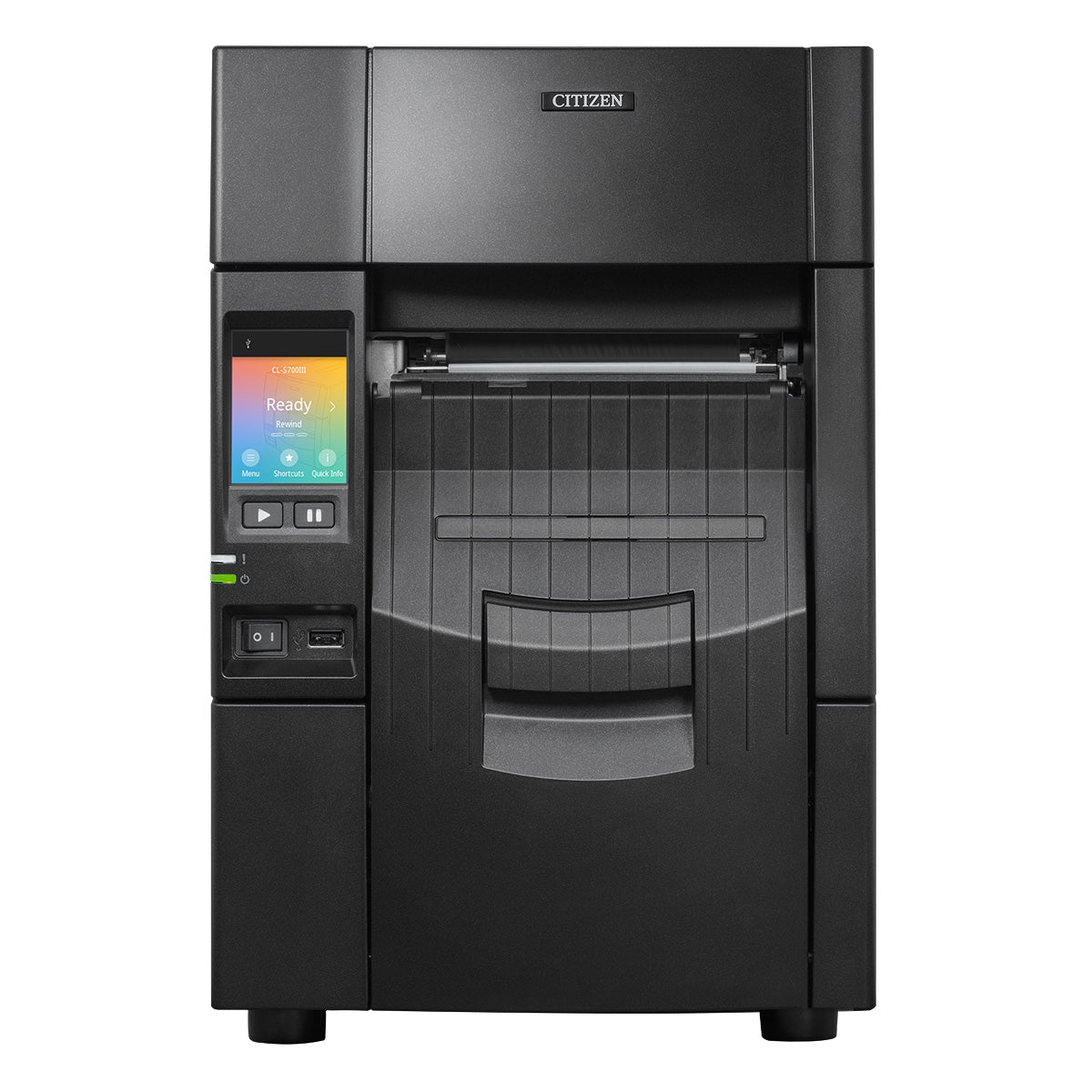 Citizen CL-S700IIIR industrial label printer, black Hi-Open metal case, colour touch LCD, label peeler with internal liner rewinder, 203 dpi, thermal transfer (CLS700IIIRNEXXX) – front view with peeler and rewinder unit