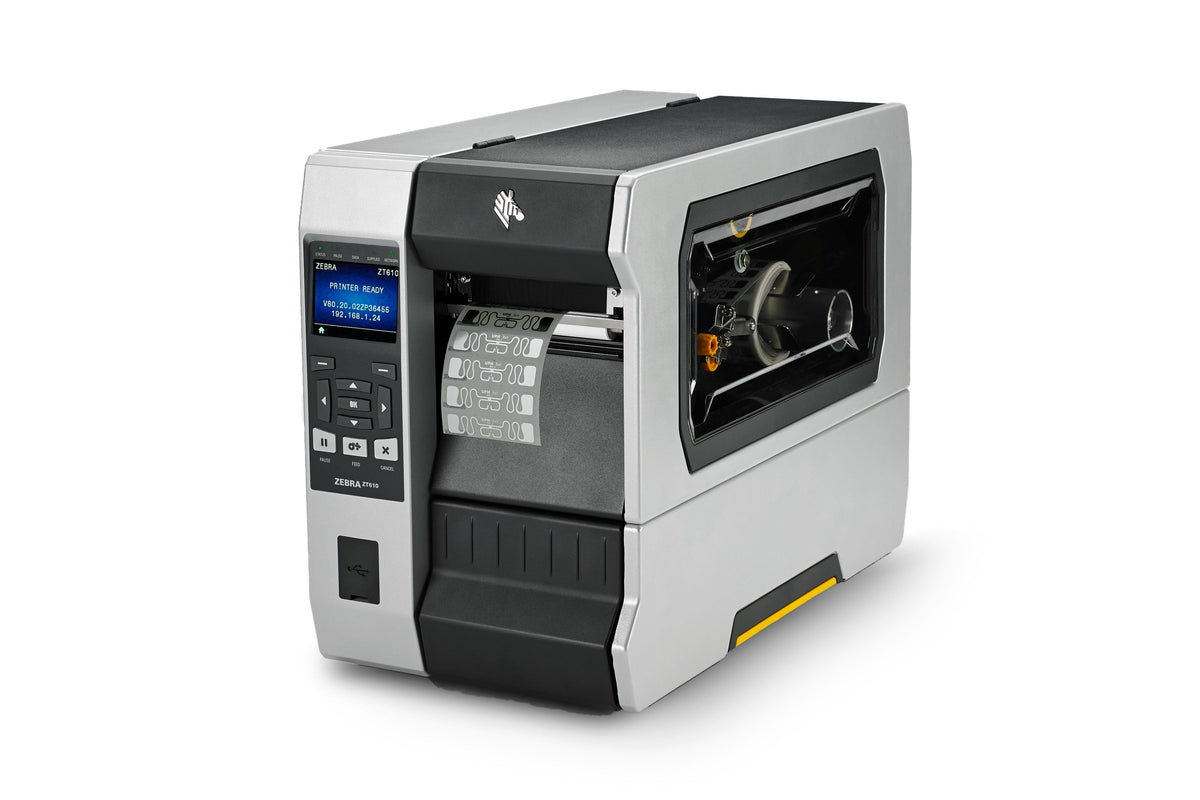Zebra ZT610 industrial label printer, colour display with keypad, tear-off, UHF RFID, 600 dpi, thermal transfer (ZT61046-T0E01C0Z) – RFID model with media window, angled front view
