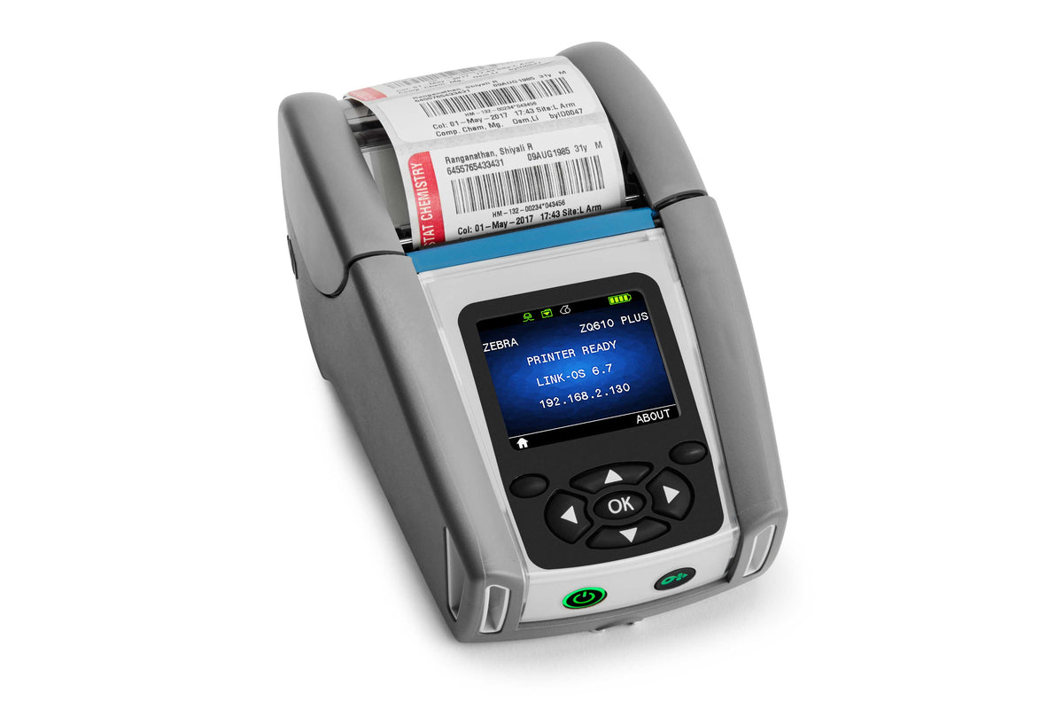 Zebra ZQ610 Plus Healthcare mobile receipt and label printer, white, Wi-Fi 6 + Bluetooth (ZQ61-HUXAE04-00) – printing a wristband label