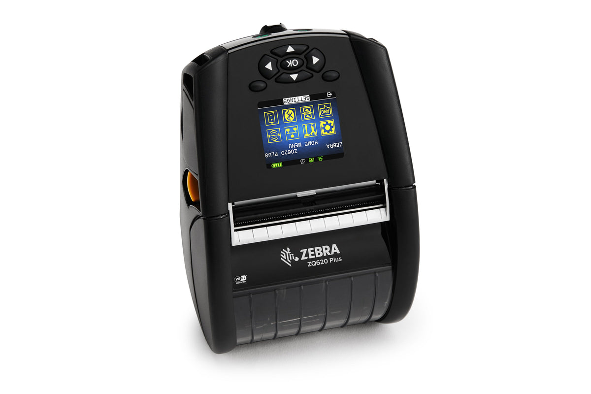 Zebra ZQ620 Plus mobile receipt and label printer, black, Wi-Fi 6 + Bluetooth (ZQ62-AUXAE14-00) – front 3/4 view