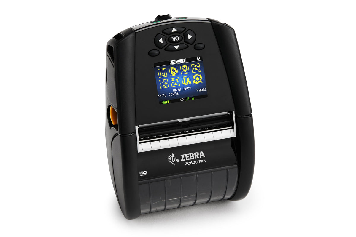 Zebra ZQ620 Plus mobile receipt and label printer, black, Wi-Fi + Bluetooth (ZQ62-AUWAE14-00) – front view