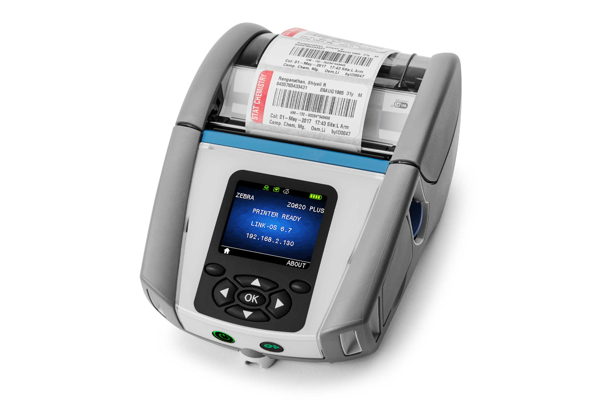 Zebra ZQ620 Plus Healthcare mobile receipt and label printer, white, Wi-Fi 6 + Bluetooth (ZQ62-HUXAE04-00) – printing a specimen label