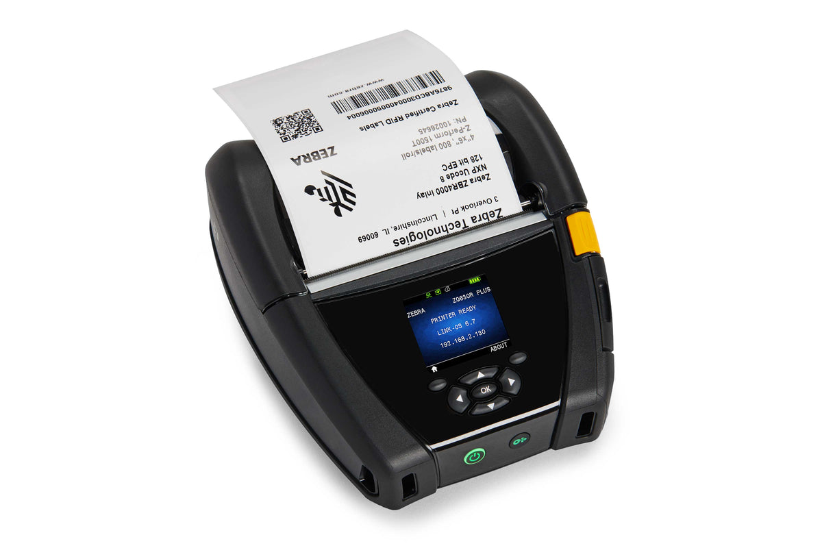 Zebra ZQ630 Plus RFID mobile receipt and label printer, black, Wi-Fi 6 + Bluetooth (ZQ63-RUXAE14-00) – printing an RFID label