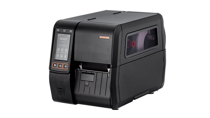 BIXOLON XT5-43 industrial label printer, 4.3-inch colour touch display, tear-off, 300 dpi, thermal transfer (XT5-43NS/BEG) – front angled view