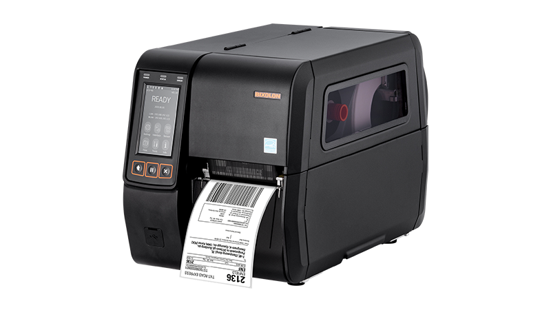 BIXOLON XT5-43 industrial label printer, 4.3-inch colour touch display, tear-off, 300 dpi, thermal transfer (XT5-43NS/BEG) – printing a shipping label