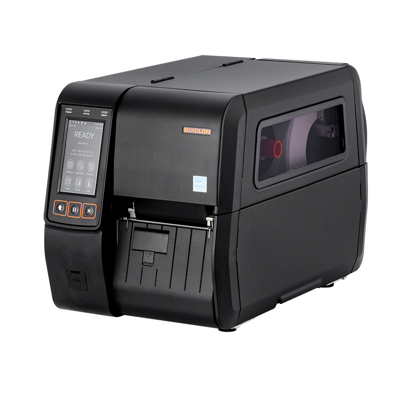 BIXOLON XT5-43 industrial label printer, 4.3-inch colour touch display, tear-off, 300 dpi, thermal transfer (XT5-43NS/BEG) – angled product view