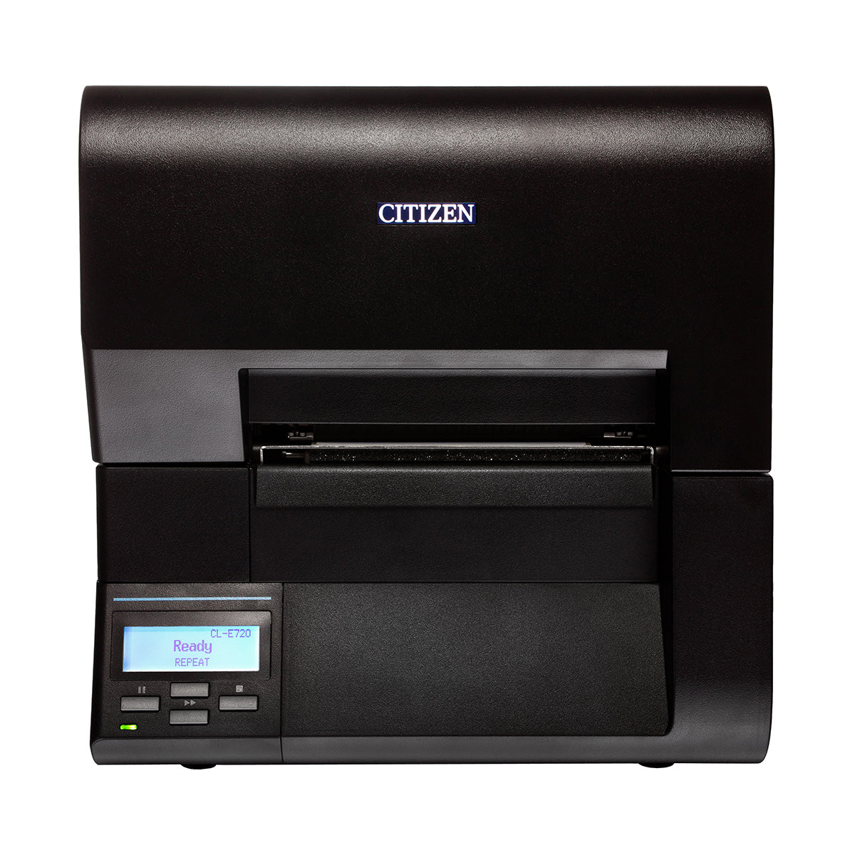 Citizen CL-E720 industrial label printer, black Hi-Open metal case, LCD panel, tear-off, 203 dpi, thermal transfer (1000853) – front view