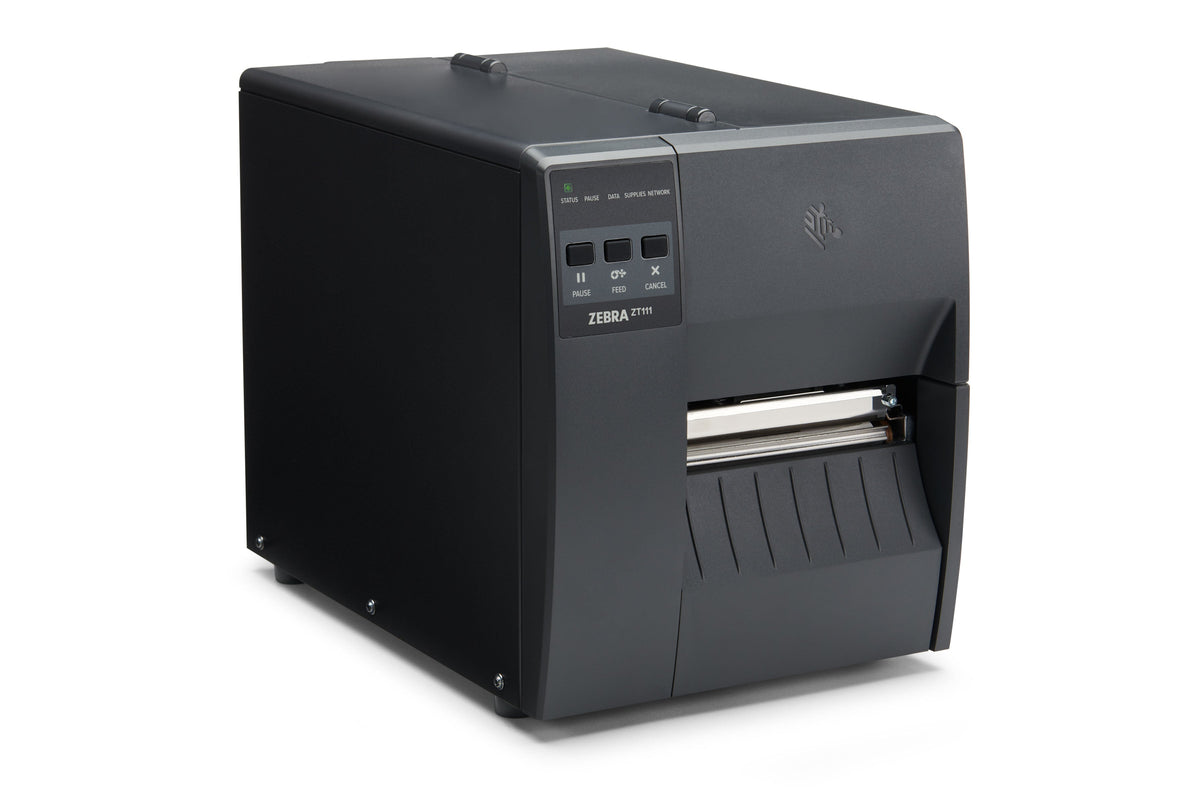 Zebra ZT111 industrial label printer, tear-off, 203 dpi, thermal transfer (ZT11142-T0E000FZ) – angled front view