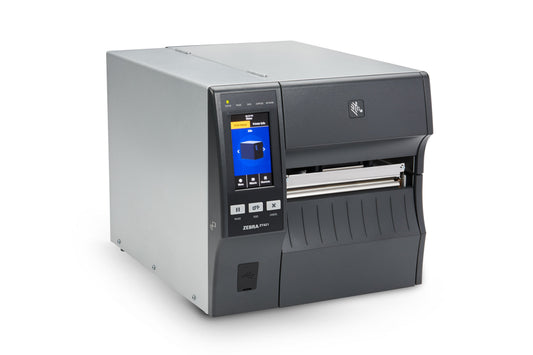 Zebra ZT421 industrial label printer, tear-off, 203 dpi, thermal transfer (ZT42162-T0EC000Z) – angled front view