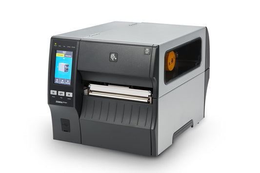 Zebra ZT421 industrial label printer, tear-off, UHF RFID, 300 dpi, thermal transfer (ZT42163-T0E00C0Z) – RFID model, angled front view