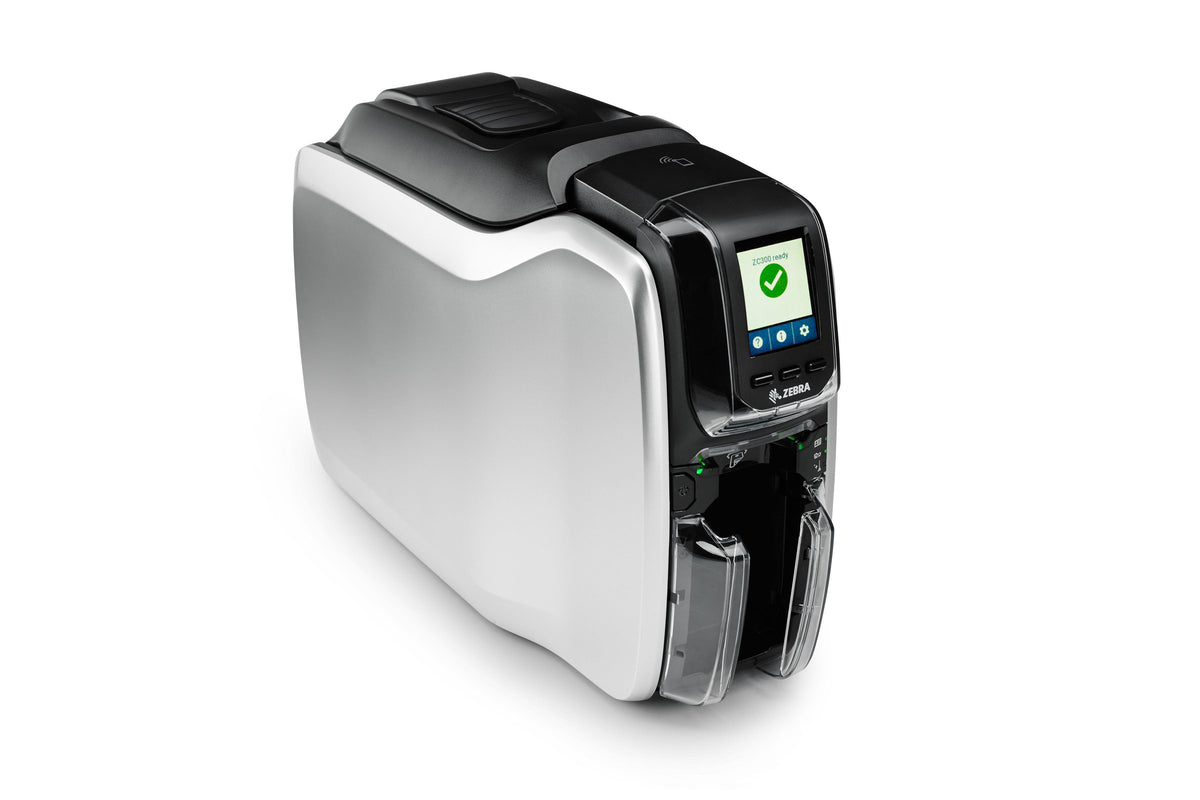 Zebra ZC300 plastic card printer, dual-sided, starter kit (ribbon + cards + software) (ZC32-000CQ00EM00) – angled front view