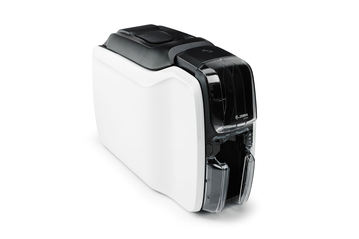 Zebra ZC100 plastic card printer, single-sided, magnetic stripe encoder (ZC11-0M0C000EM00) – angled front view