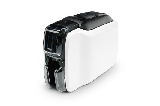 Zebra ZC100 plastic card printer, single-sided, starter kit (ribbon + cards + software) (ZC11-0000Q00EM00) – left angled view